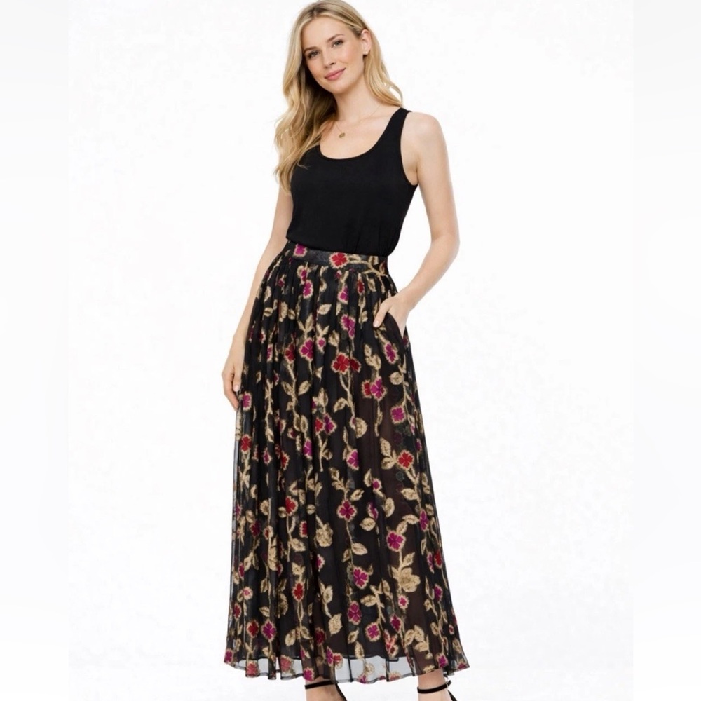 Dodo Bar Or Jenn Floral Lurex Pleated Maxi Skirt Pas Pour Toi Size 42 or US 6
